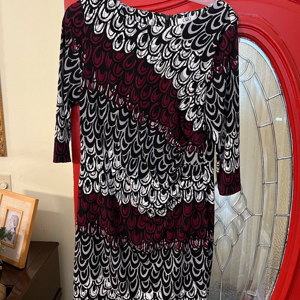 Cato dress, black and white and maroon, size 14